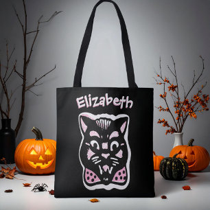 Custom Halloween Cat Dark n Pink Trick or Treat Tote Bag