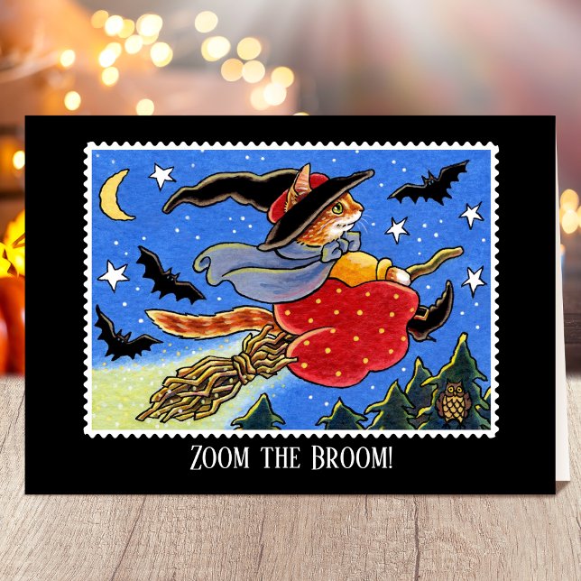 Custom Halloween Cat Witch Broomstick Card (Creator Uploaded)