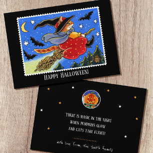 Custom Halloween Cat Witch Broomstick Flat Card