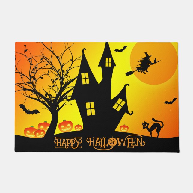  Custom Halloween Cute Spooky Whimsical Orange  Doormat (Front)