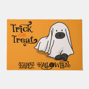 Custom Halloween Cute Whimsical Dog Ghost Orange Doormat