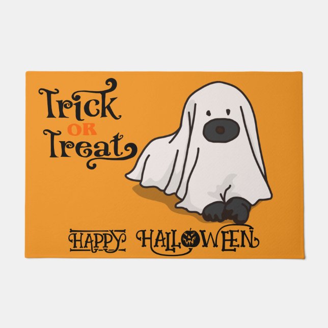 Custom Halloween Cute Whimsical Dog Ghost Orange Doormat (Front)