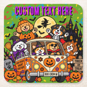 Custom Halloween Dogs Spooky Van and Castle Square Paper Coaster