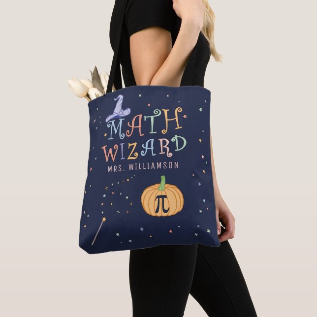 Custom Halloween Math Wizard Pumpkin Pi Teacher Tote Bag (Close Up)