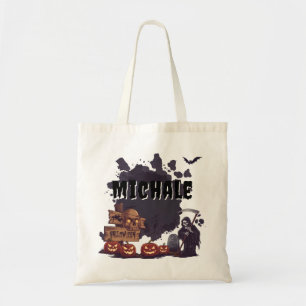 Custom Halloween Name Grim Reaper & Spooky Pumpkin Tote Bag