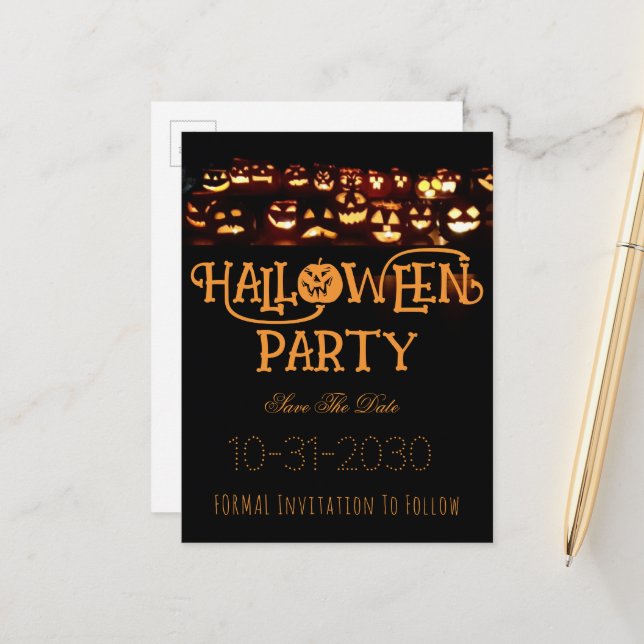 Custom Halloween Party Save The Date Pumpkin Announcement Postcard (Front/Back In Situ)