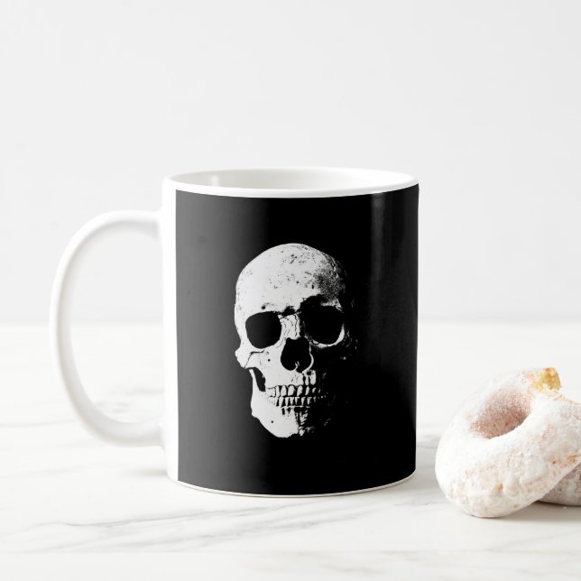 Custom Halloween Party Skull Black & White Pop Art Coffee Mug (With Donut)