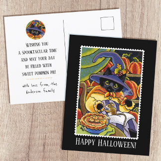 Custom Halloween Pie Witch Black Cat Mouse Postcard