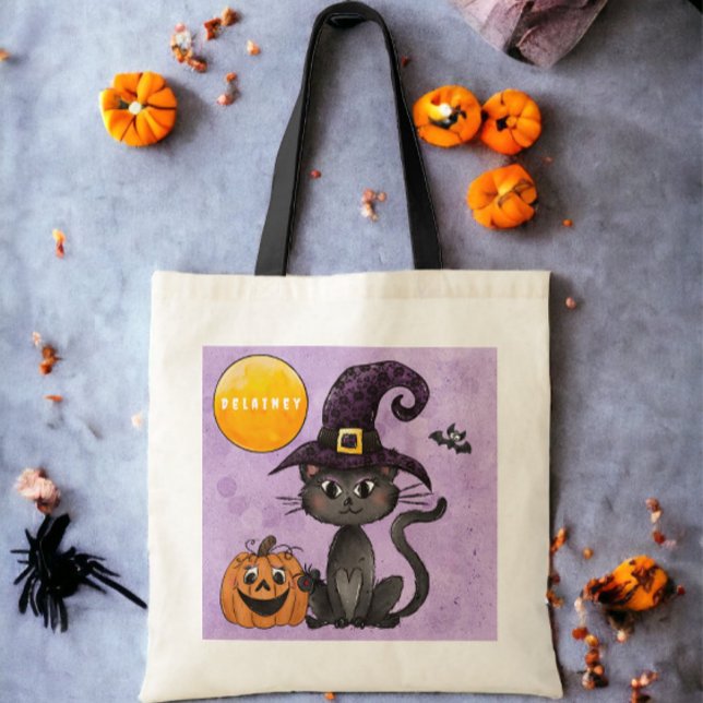 Custom Halloween Trick or Treat Black Cat Pumpkin Tote Bag (Creator Uploaded)
