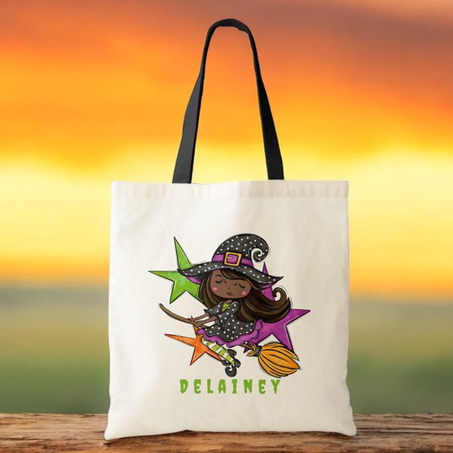 Custom Halloween Trick or Treat Witch Black Stars Tote Bag (Creator Uploaded)