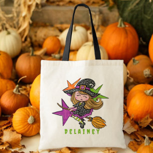 Custom Halloween Trick or Treat Witch White Stars Tote Bag