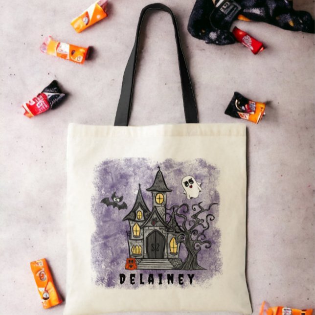 Custom Halloween Trick Treat Haunted House Purple Tote Bag (Creator Uploaded)