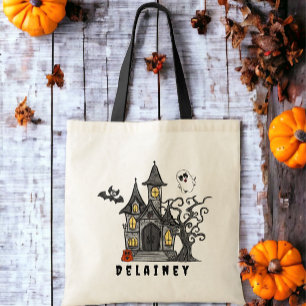 Custom Halloween Trick Treat Haunted House Tote Bag