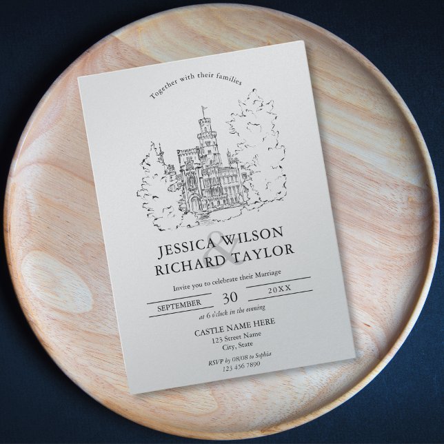 Custom Hand Drawn Castle Venue Illustration Invitation (whimsical artistic castle drawing, black ink on grey cardboard)