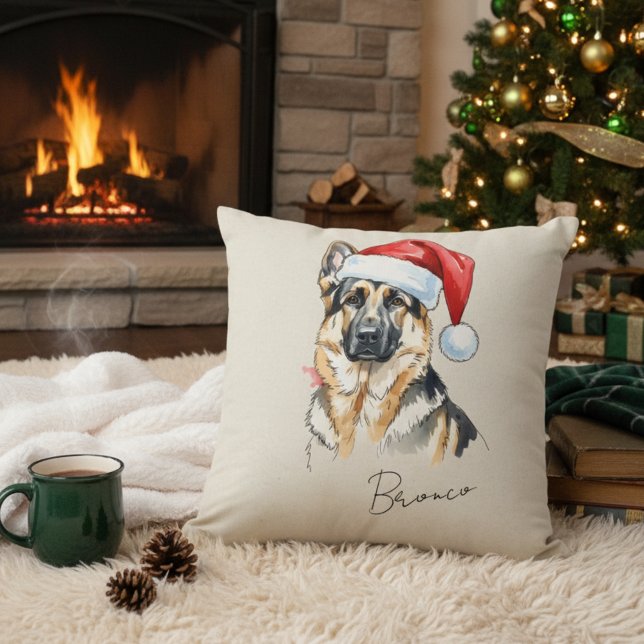 Custom Hand Drawn Christmas German Shepherd Dog Cushion (Add a special touch to your home with this custom pet portrait throw pillow! )
