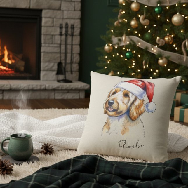 Custom Hand Drawn Christmas Golden Doodle Portrait Cushion (Add a special touch to your Christmas tree with this custom pet portrait throw pillow! )