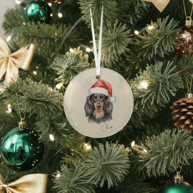 Custom Hand Drawn Dachshund Portrait and Name Glass Tree Decoration (Add a special touch to your Christmas tree with this custom pet portrait ornament!)