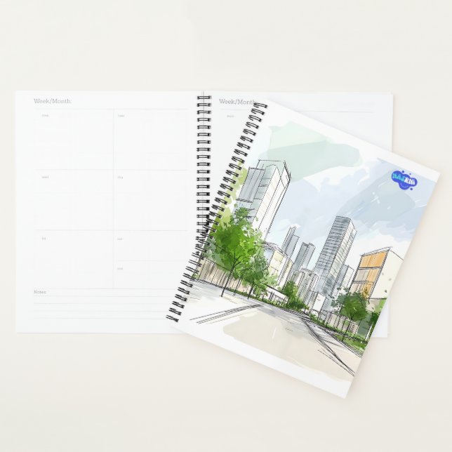 Custom Hand Drawn Green City Illustration & Logo Planner (Display)