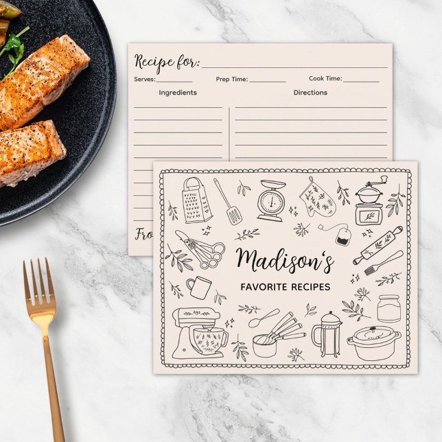 Custom Hand Drawn Kitchen Utensils Recipe Card (In situ)