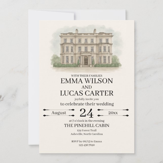 Custom Hand Drawn Venue Illustration Wedding Invit Invitation (Front)