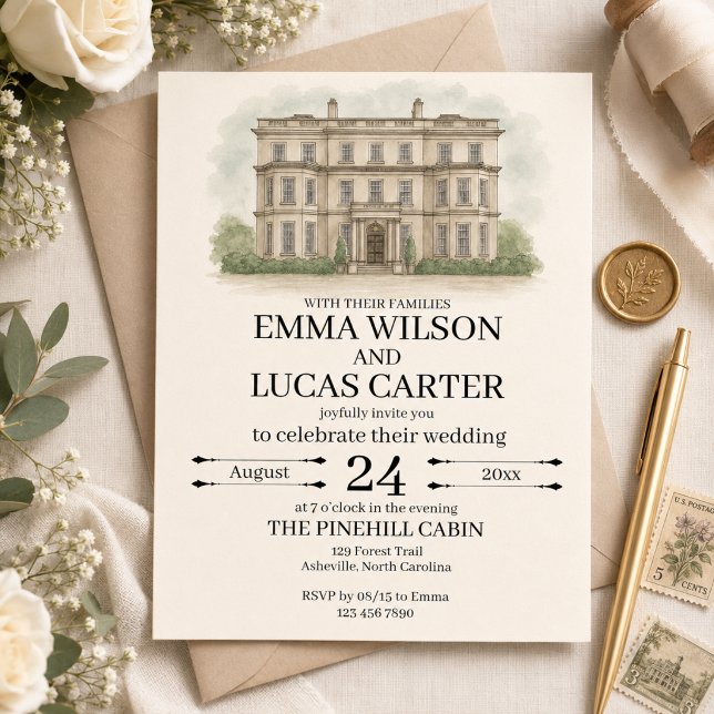 Custom Hand Drawn Venue Illustration Wedding Invit Invitation (Elegant Estate Wedding Invitation)