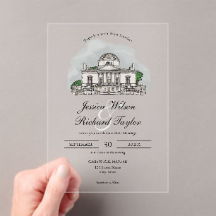 Custom Hand Drawn Venue Manor Illustration Wedding Acrylic Invitations
