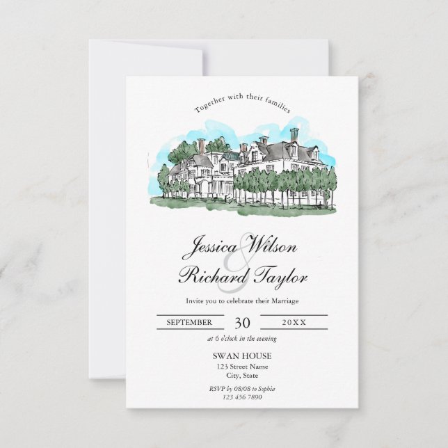 Custom Hand Drawn Venue Manor Illustration Wedding Invitation (Front)