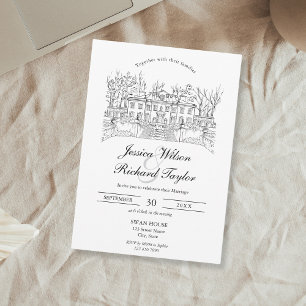 Custom Hand Drawn Venue Manor Illustration Wedding Invitation