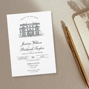 Custom Hand Drawn Venue Manor Illustration Wedding Invitation