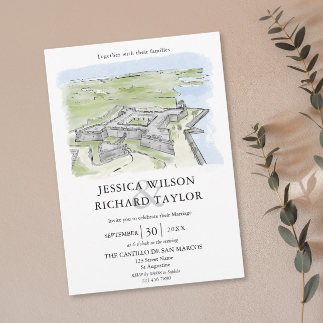 Custom Hand Drawn Venue Manor Illustration Wedding Invitation (castello de san marcos watercolor wedding invitation)
