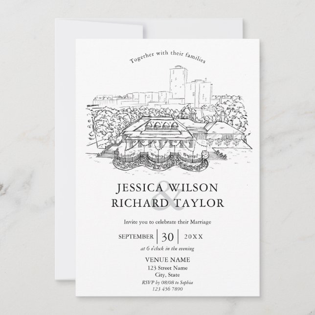 Custom Hand Drawn Venue Manor Illustration Wedding Invitation (Front)