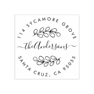 Custom Hand Drawn Wreath Family Name Return Addres Rubber Stamp