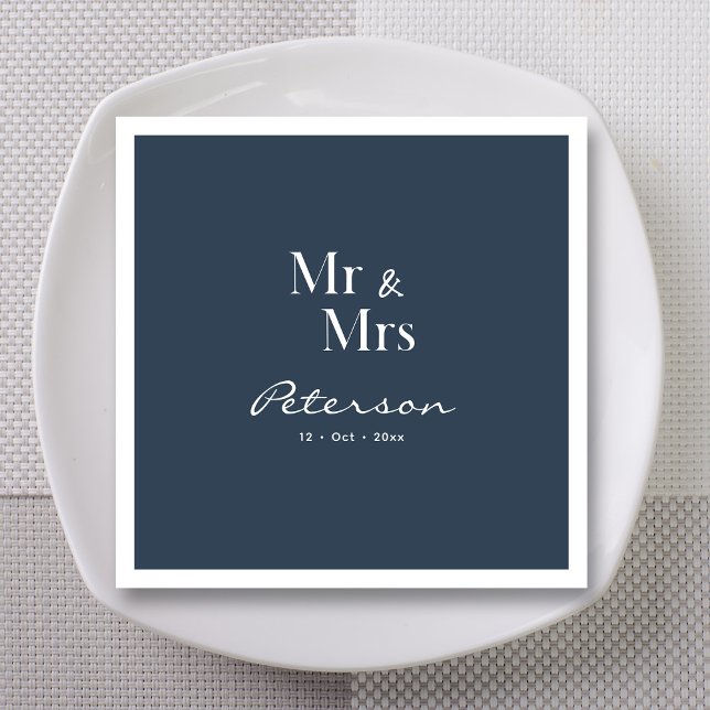 Custom Hand-Lettered Navy Blue Mr and Mrs Wedding Napkin (Personalized navy blue Mr. and Mrs. wedding napkins)