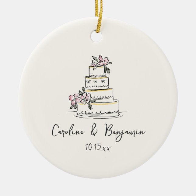 Custom Handwritten Blush Cream Doodle Wedding Cake Ceramic Tree Decoration (Front)