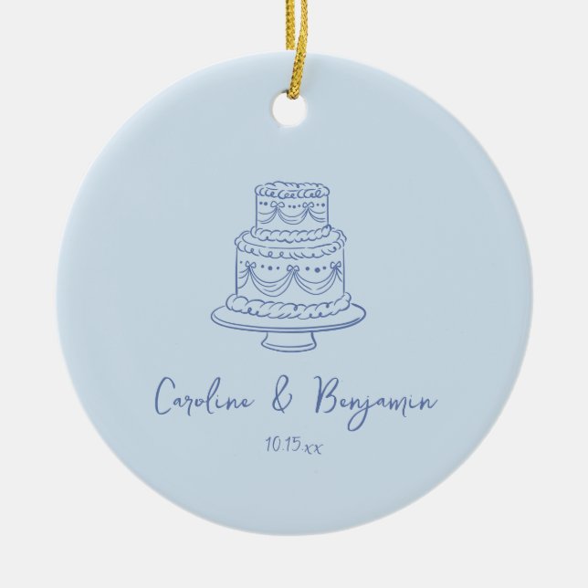 Custom Handwritten Cool Blue Doodle Wedding Cake Ceramic Tree Decoration (Front)