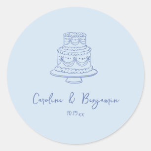 Custom Handwritten Cool Blue Doodle Wedding Cake Classic Round Sticker