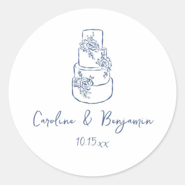 Custom Handwritten French Blue Doodle Wedding Cake Classic Round Sticker (Front)