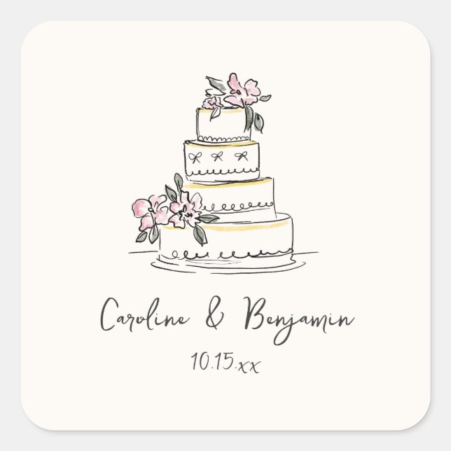 Custom Handwritten Pink Yellow Doodle Wedding Cake Square Sticker (Front)