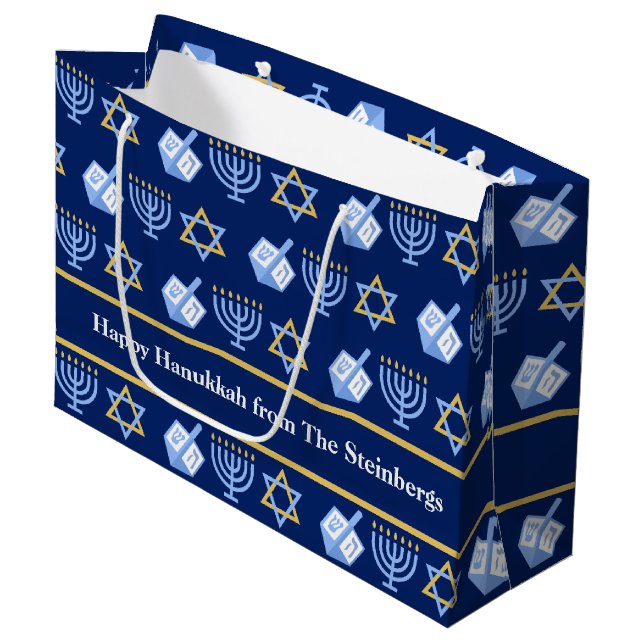 Custom Hanukkah Blue Menorah Dreidel Pattern Large Gift Bag (Front Angled)