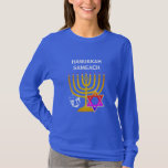 Custom HANUKKAH SAMEACH T-Shirt<br><div class="desc">Elegant, stylish HANUKKAH T-shirt, designed with faux gold menorah, colourful Star of David and silver coloured dreidel plus CUSTOMIZABLE GREETING - HANUKKAH SAMEACH, so you can create your own greeting, eg. Happy Chanukah. Ideal for Hanukkah season. Choose from a wide section of Hanukkah clothing and gifts, designed by Berean Designs....</div>
