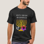 Custom HANUKKAH T-Shirt<br><div class="desc">Elegant,  stylish HANUKKAH T-shirt,  designed with faux gold menorah,  colourful Star of David and silver coloured dreidel plus CUSTOMIZABLE GREETING,  so you can create your own greeting. Ideal for Hanukkah season. Choose from a wide section of Hanukkah clothing and gifts,  designed by Berean Designs.</div>