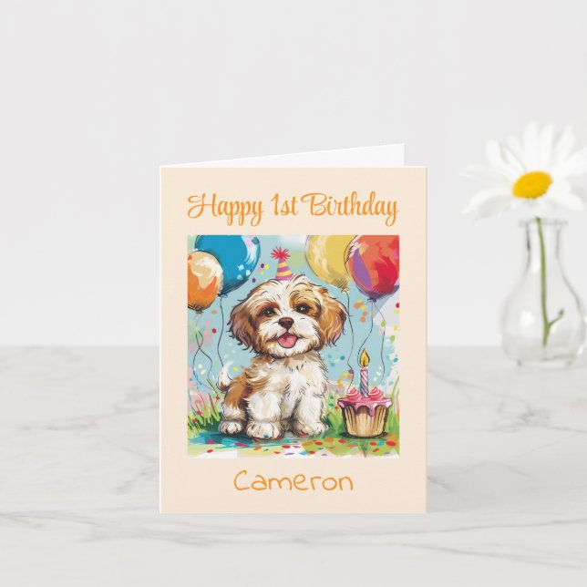 Custom Happy 1st Birthday Congratulations, Puppy  Card (Small Plant)