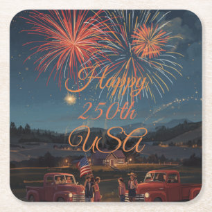 Custom Happy 250th USA Patriotic Fireworks  Square Paper Coaster