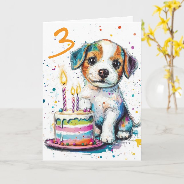 Custom Happy 3rd Birthday Congratulations, Puppy Card (Yellow Flower)