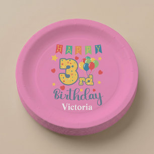 Custom Happy 3rd Birthday Party Paper Plates