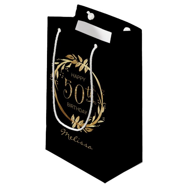 Custom Happy 50th Birthday Gold Black Glitter Small Gift Bag (Front Angled)