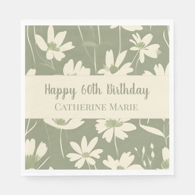 Custom Happy 60th Birthday Modern Green Wildflower Napkin (Front)