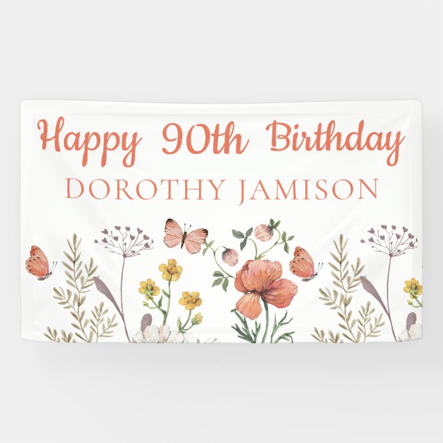 Custom Happy 90th Birthday Wildflowers Banner (Horizontal)