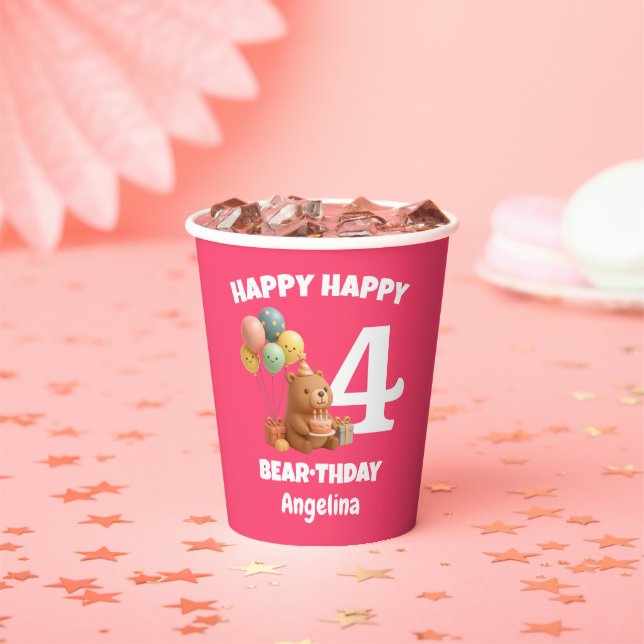 Custom HAPPY BEAR-THDAY Teddy Bear 4th Birthday Paper Cups (Insitu)