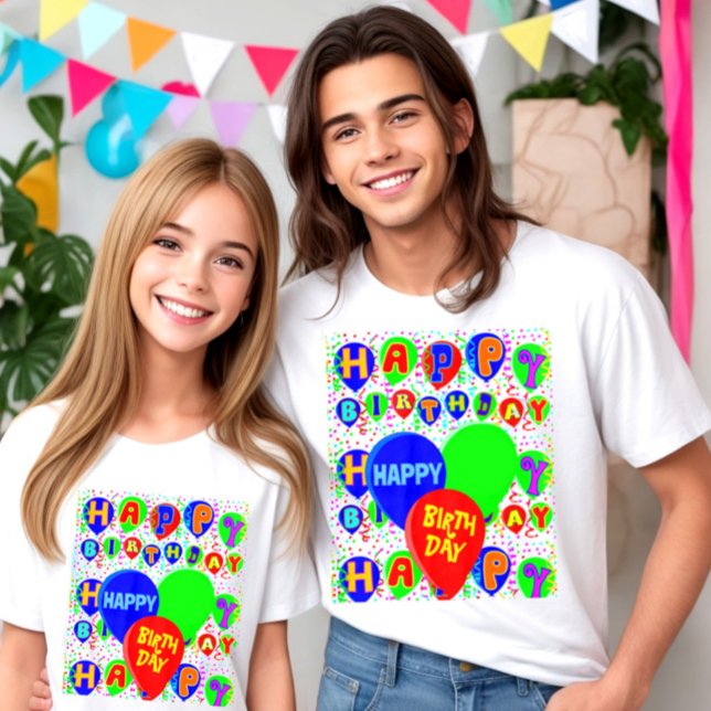 Custom happy birthday balloons  T-Shirt (Happy birthday t-shirt, multicolor balloons and happy birthday typography on festive background.)